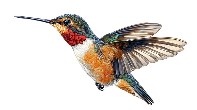 Vibrant hummingbird with iridescent feathers in dynamic motion,hovering over and feeding on the nectar of a lush tropical flower. The tiny.