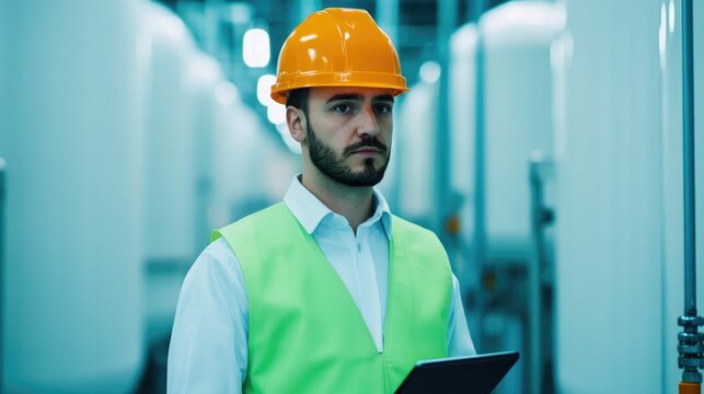 Hardhat wearing Engineer Inspecting Fuel Processing Systems with Digital Tablet in High Tech Industrial Facility Concept of Technological Innovation