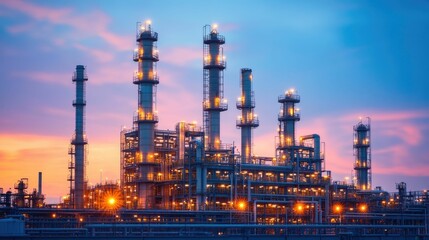 Fototapeta premium Capturing the striking industrial landscape of a refinery facility at night this image showcases the bright