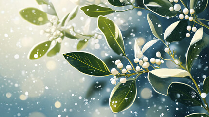 A detailed illustration of mistletoe with a backdrop of soft winter snow.