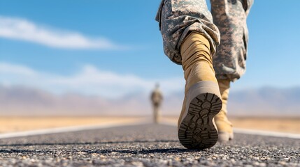 Soldier Walking on Deserted Road in Military Boots