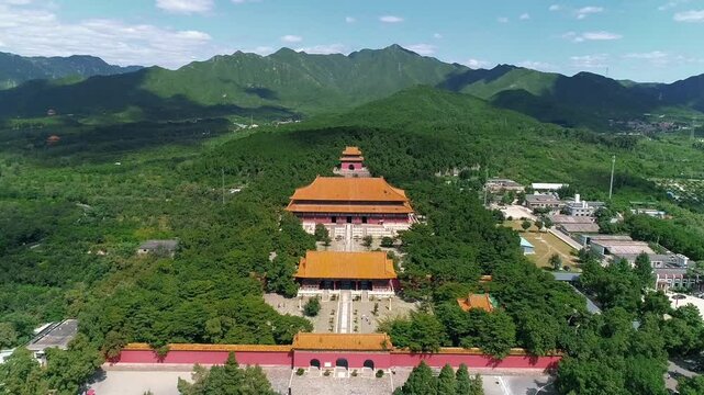 Aerial drone view of Ming Tombs Changling mausoleum in China,Asia.&nbsp;The Ming Tombs, Sacred Way,The Ming Tombs, Beijing, China.&nbsp;Mausoleums built by the emperors of the Ming dynasty of China.