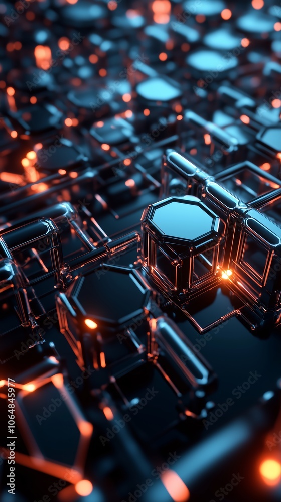 Poster abstract design featuring interconnected hexagonal structures illuminated by glowing orange lights i