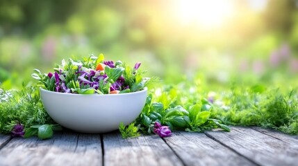 Fresh Salad Bowl on Wooden Table with Green Background