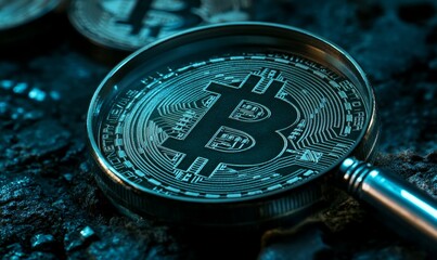 A close-up image of a Bitcoin coin under a magnifying glass, emphasizing the scrutiny and analysis of cryptocurrencies