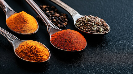 Four metal spoons containing various colorful spices including turmeric, red chili powder, coriander, and black pepper on a dark textured surface.