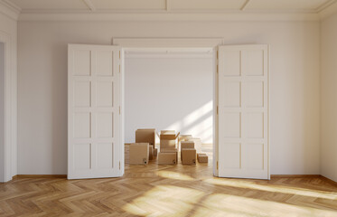 Cardboard boxes in an empty luxury apartment. Modern interior. Moving concept. 3D rendering.