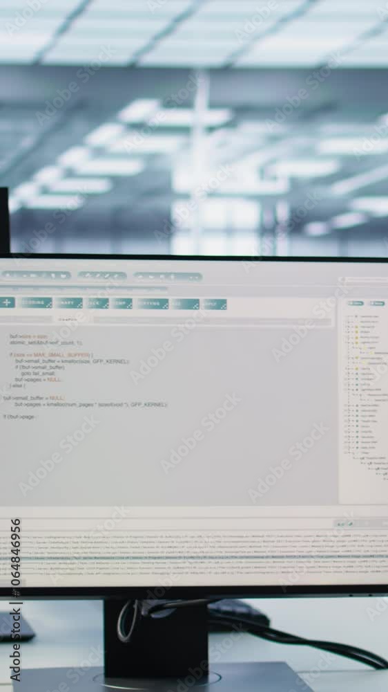 Poster computers in empty data center facility managing rackmounts energy consumption. close up of script o