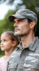 Fototapeta premium Soldier with Child in Outdoor Setting