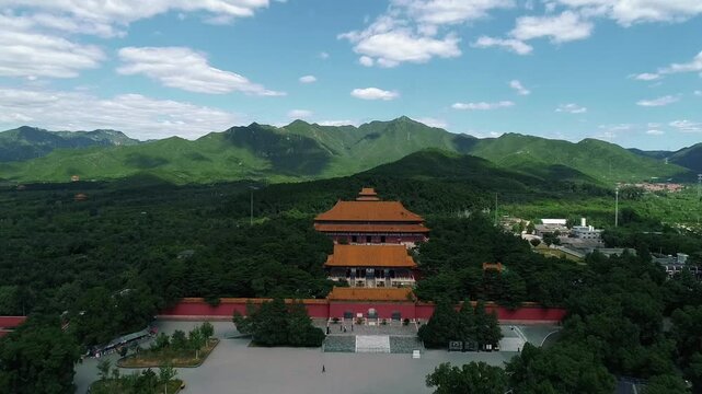 Aerial drone view of Ming Tombs Changling mausoleum in China,Asia.&nbsp;The Ming Tombs, Sacred Way,The Ming Tombs, Beijing, China.&nbsp;Mausoleums built by the emperors of the Ming dynasty of China.