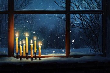 Kwanzaa Candles in the Window: A serene nighttime scene with a kinara placed on a windowsill. The candles glow softly, and outside the window, snow lightly falls. The warm light from the candles contr