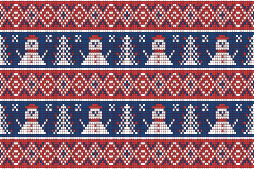 Knitting christmas tree seamless pattern geometric, snowman, ornament. Fabric Seamless pattern.Vector illustration. Ikat ethnic oriental embroidery,Aztec style,baroque.design for texture,clothing