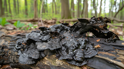 Obraz premium Close-up of black fungus growing intricately on a forest log, showcasing the natural beauty and detailed texture of the fungus in a serene woodland setting.