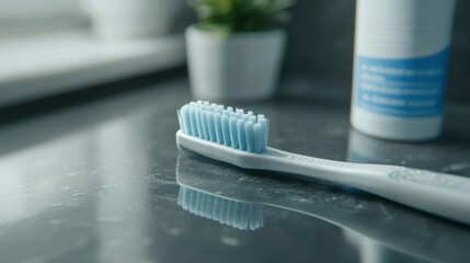 A top-down view of a toothbrush lying beside a tube of toothpaste on a bathroom counter. The focus is on the bristles and handle.