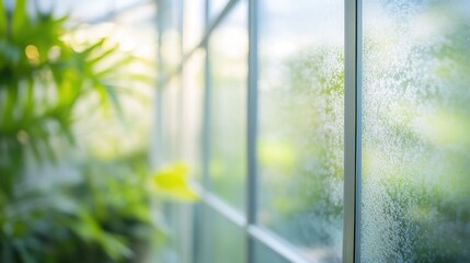 A macro photograph of the greenhouse's glass panels, focusing on the texture and clarity, with the surrounding area softly blurred.