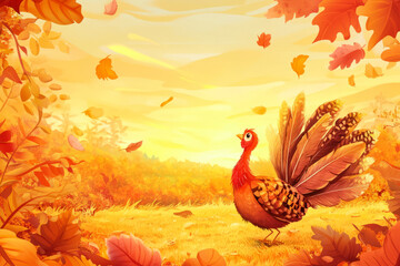 Autumnal Floral Vector Illustration with Turkey and Maple Leaves on a Yellow Background,Thanksgiving Design,Generated By Ai