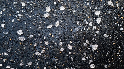 A black and white photo of a road covered in ice and snow