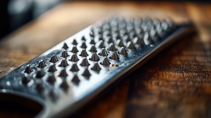 A close-up shot of the grater's edge, highlighting the sharpness and texture, with the cutting board softly blurred behind.