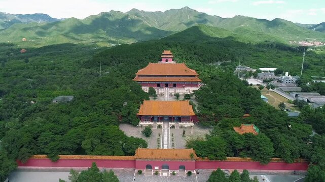 Aerial drone view of Ming Tombs Changling mausoleum in China,Asia.&nbsp;The Ming Tombs, Sacred Way,The Ming Tombs, Beijing, China.&nbsp;Mausoleums built by the emperors of the Ming dynasty of China.