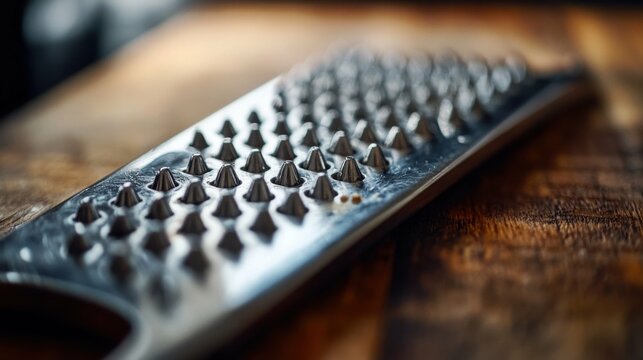 A close-up shot of the grater's edge, highlighting the sharpness and texture, with the cutting board softly blurred behind.