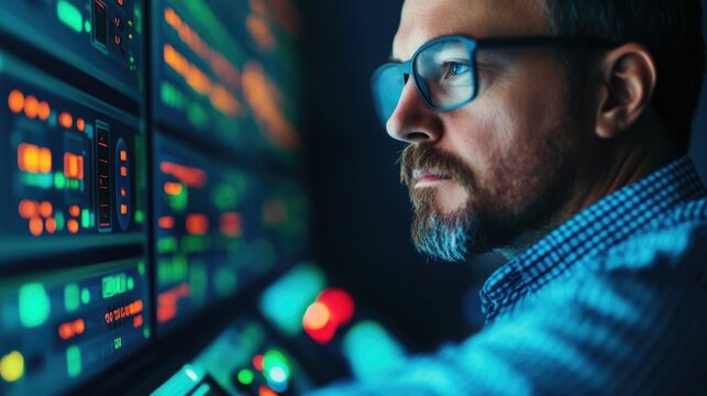 Technician operating sophisticated digital control system for advanced fuel processing in a high tech industrial environment