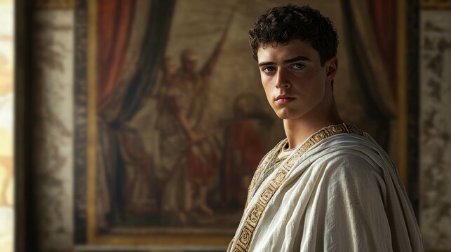a regal portrait of a young Roman senator with a commanding presence, adorned in elegant white robes, looking wise and authoritative with intricate details and a proud expression.