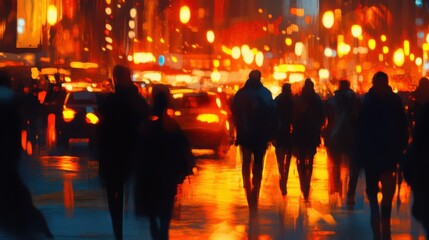 A close-up view of busy city pedestrians in motion at dusk, highlighted by the warm glow of streetlights, capturing the essence of urban life and evening rush.