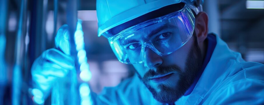 Industrial engineer in protective equipment, ensuring safety and efficiency in a modern manufacturing environment.