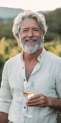 A man with a white shirt and a beard is holding a wine glass. He is smiling and he is happy