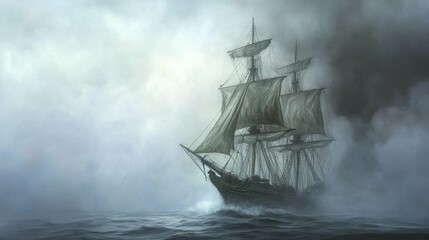 A captivating image of the ghost ship Mary Celeste, depicted sailing silently on a foggy sea, surrounded by swirling mists, reflecting its mysterious legacy.
