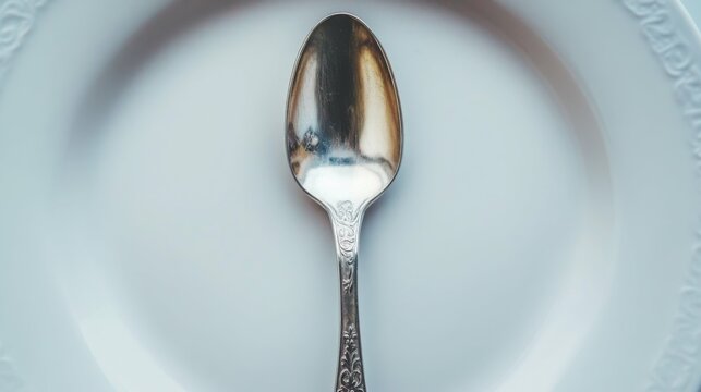 A top-down view of a silver spoon resting on a clean white plate, with intricate reflections of the light above. Background is softly blurred to highlight the spoon.