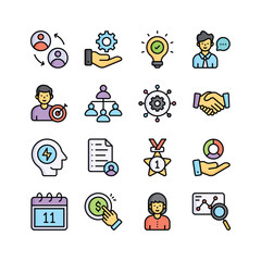 This vibrant icon set illustrates various aspects of business management,