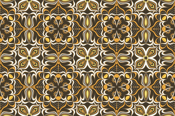 Golden Floral Geometric Seamless Pattern in golden and brown hues with floral and geometric elements, evoking a vintage yet elegant aesthetic. Perfect for textiles, wallpapers, and digital art project