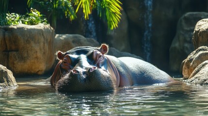 Fototapeta premium A relaxed hippopotamus submerged in the zoo's water feature, cooling off under the hot summer sun. The massive animal enjoys its natural aquatic habitat, a symbol of African wildlife.