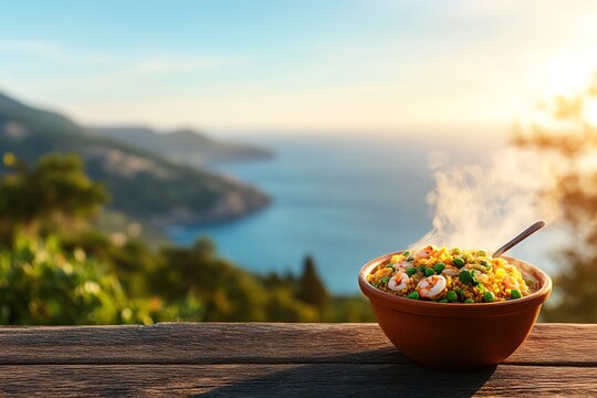 Chilean paila marina seafood stew, served in a rustic clay bowl, with the ocean in the background