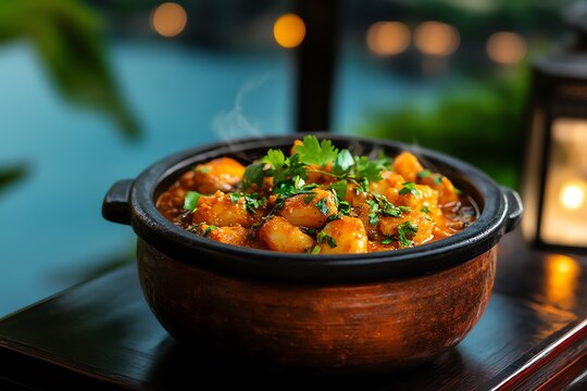 Chilean paila marina seafood stew, served in a rustic clay bowl, with the ocean in the background