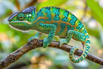 Obraz premium Emerald green chameleon perched on a branch, showcasing vibrant colors and unique patterns, captured in vivid detail against a blurred natural background