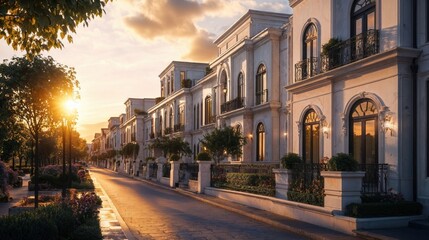 Fototapeta premium row of elegant, upscale townhouses bathed in the warm light of the setting sun. The architecture is classic with arched windows, detailed stonework, and balconies