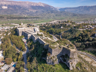 Obraz premium Aerial drone photo of the old castle in Gjirokaster Albania.