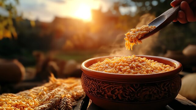 Closeup of Uzbek sumalak, a wheatbased dessert simmered for hours, served in a decorative clay bowl, dessert, traditional spring festival dish