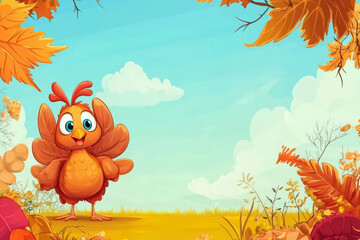 Cartoon chicken and Autumn leaves frame illustration vector design for greeting card,Generated By Ai