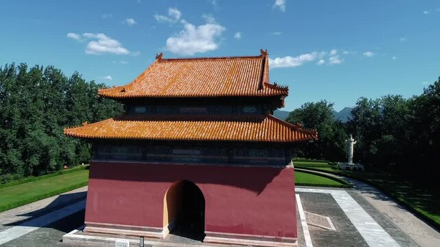 Aerial drone view of Ming Tombs Changling mausoleum in China,Asia.&nbsp;The Ming Tombs, Sacred Way,The Ming Tombs, Beijing, China.&nbsp;Mausoleums built by the emperors of the Ming dynasty of China.