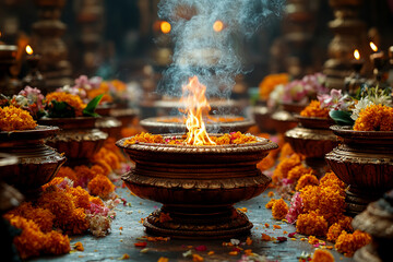 Soothing incense sticks with smoke trails amid Hindu temple ritual items.