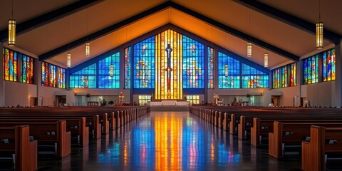 Fototapeta premium A vibrant church interior featuring stained glass windows and wooden pews.