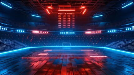 Futuristic sports arena background with digital scoreboard, glowing lines, and clean copy space for cutting-edge sports designs.