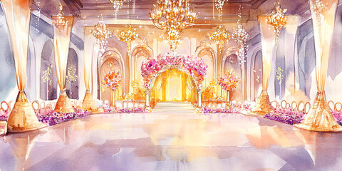 Indian wedding ceremony: Luxurious Indian wedding hall, a floral extravaganza, watercolor illustration