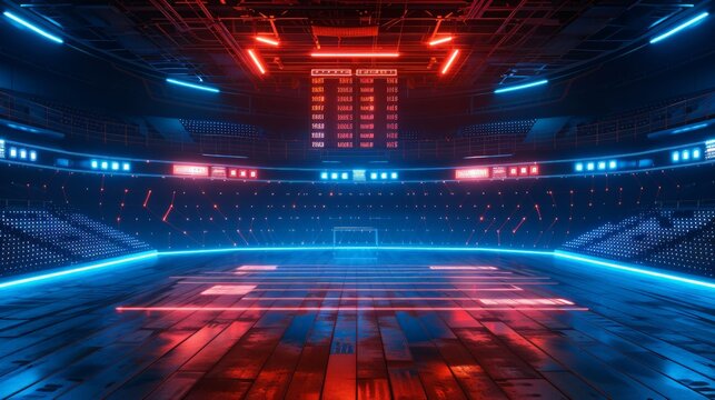 Futuristic sports arena background with digital scoreboard, glowing lines, and clean copy space for cutting-edge sports designs.