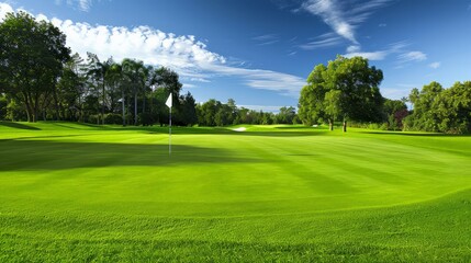 Obraz premium Professional golf course with smooth greens, a flag in the distance, and wide copy space for leisure and sports themes.