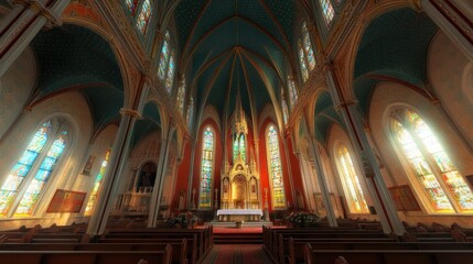 Fototapeta premium A grand church interior featuring stained glass windows and ornate architecture.
