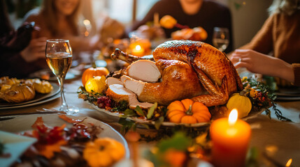 A family passing around a platter of sliced turkey during a Thanksgiving dinner.
